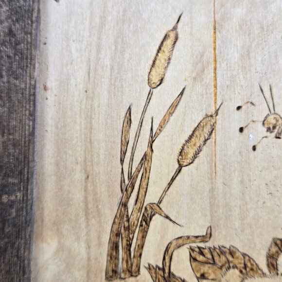 Handmade Burned Wooden Art Mouse Lily Pad Cricket Singing Framed Signed - Picture 4 of 13